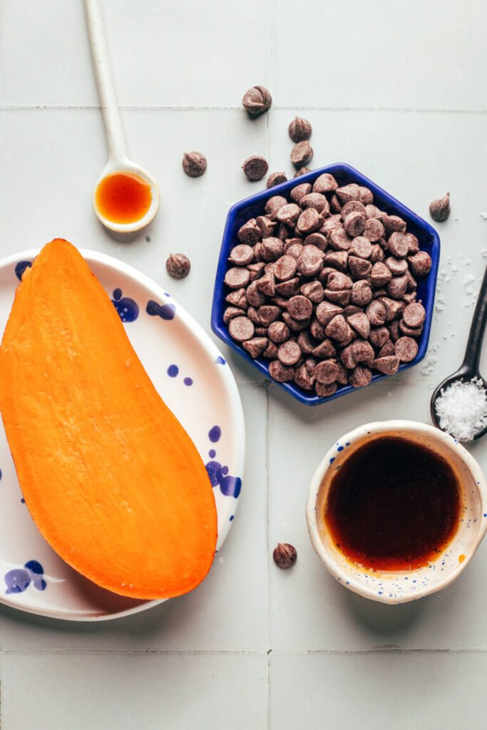 Batata-doce, baunilha, gotas de chocolate, sal marinho e xarope de bordo